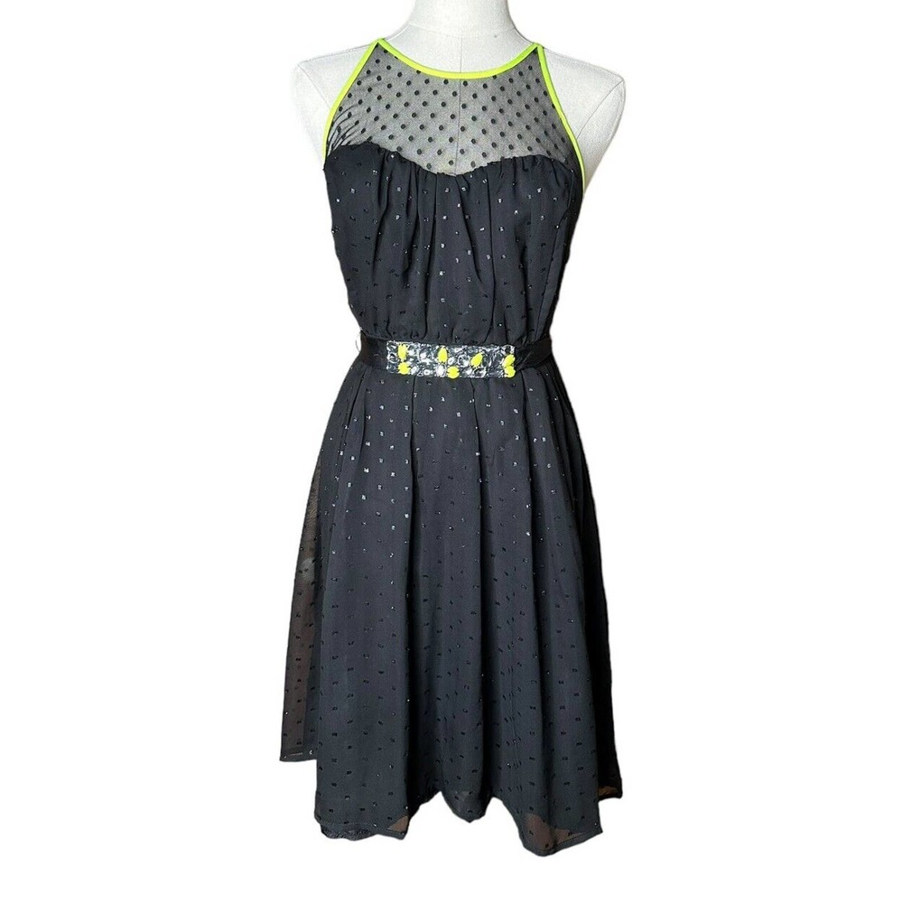 Princess Vera Wang Black Polka Dot Neon Yellow Trim Belted Chiffon Dress Size 5